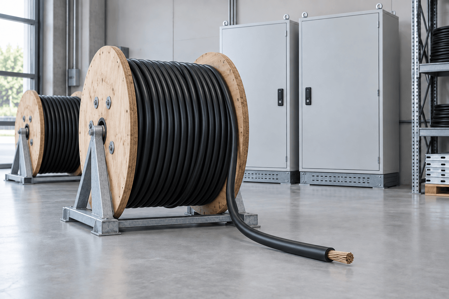 Representative cable reels and electrical distribution cabinets in an organized supply space